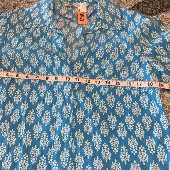 ZARA blue/white print short ruffle hem babydoll dress boho Sz M - Picture 9 of 12